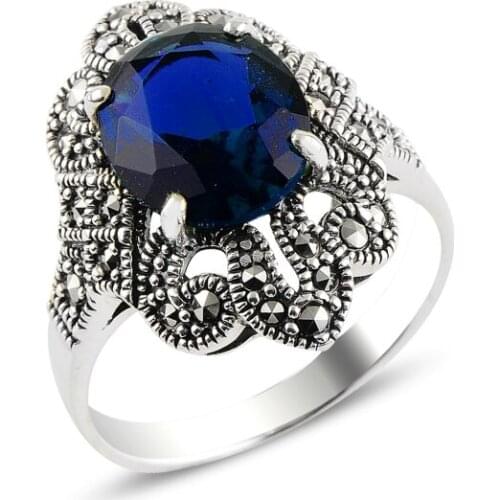 Silverlina Silver Sapphire Zircon & Marcasite Ring