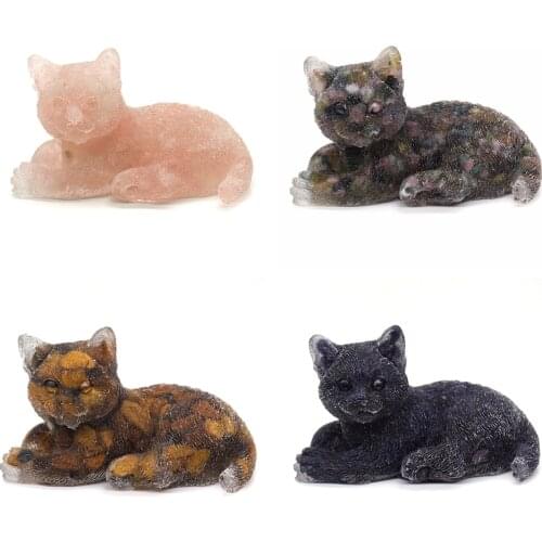 3.3" Cat Statue Resin Mold Curing Natural Tumbled Gravel Stones Figure Room Ornament Healing Crystal Animal Figurine Home Decor