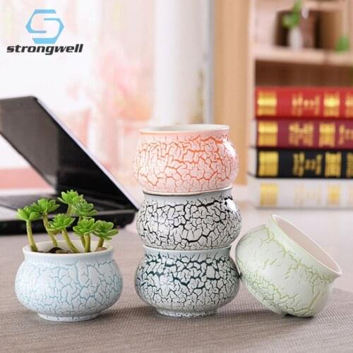 Strongwell Fairy Garden Decoration Creack Pattern Ceramic Flower Pot Green Plants Arrangement Home Desktop Display Planter