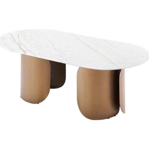 Light luxury Jazz white marble dining table household circular arc rock plate dining table leather dining chair combination