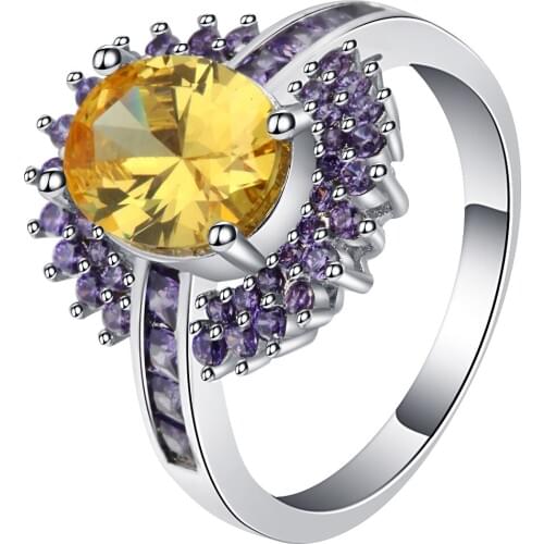 Vintage charm purple flower rings for women high quality yellow crystal pave AAA zircon band luxury jewelry female wedding ring