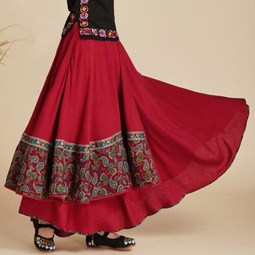 2020 Spring Female National Retro Vintage Casual style Asymmetrical Red Floral Cotton Long Maxi ladies Skirt Women