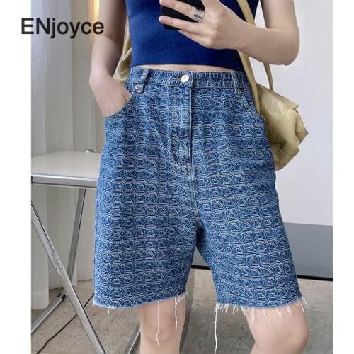 Retro Printed Blue High Waist Denim Shorts Women 2021 Summer Casual Mid Length Pants Wide Leg Jeans Trendy Straight Shorts
