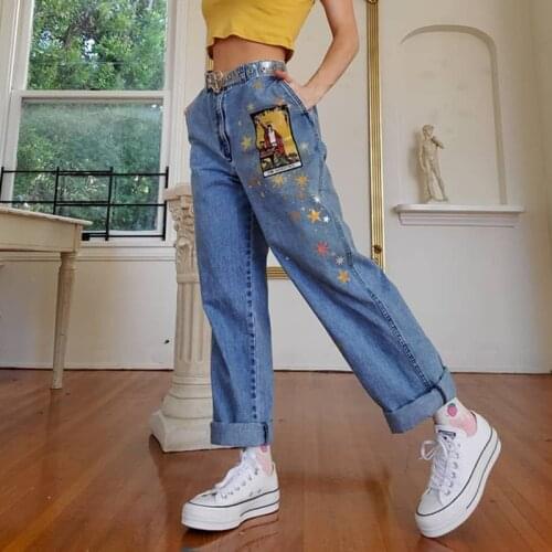 Women Loose Baggy Indie Aesthetic Jeans Mom Jeans 2021 New Casual Fashion People Print Denim Pants Womens All Match Clothing