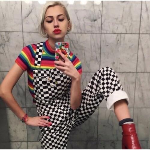 GEZOUR New Retro Old School Hiphop Style Black and White Plaid Mosaic Checkerboard Lattice Overalls Bodysuit Women Jumpsuit
