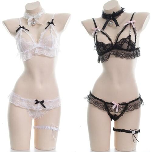 Womens Sexy 2PCS Set Bra & Panties Set Transparent Lace Trim Bikini Pearl Bowknot Cute Ruffle Black & White Pajamas
