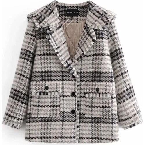 Womens Fashion Tweed Plaid Suit Jacket Retro Shawl Lapel Single-Breasted Coat Streetwear New