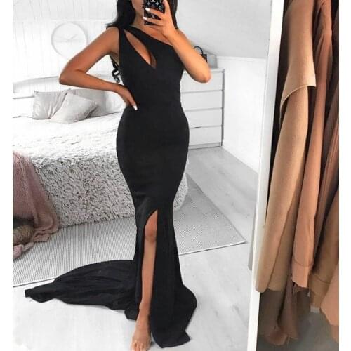 Elegant Stretchy Mermaid Long One Shoulder Prom Dresses with Slit Corset Back Robe De Soiree Satin Black Formal Party Gown