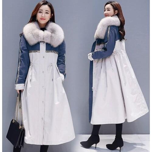 2019 Winter New Warm Cotton Coat Womens Big Hair Collar Womens Medium Long Thick Thin Waist Coat