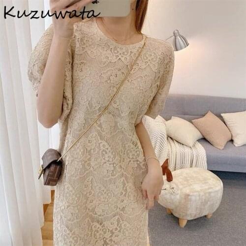 Neck O Solid Puff Sleeve Lace Empire Knee-Length Vestidos Office Lady Temperament Dresses 2021 Summer New Women Robe