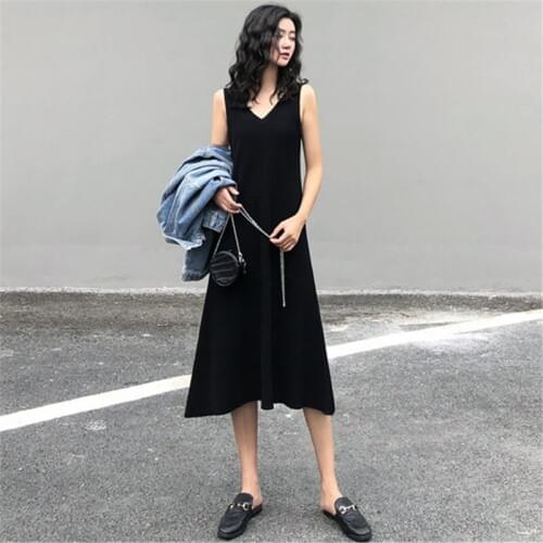 Womens Sleeveless Long Dresses 2021 Summer Fashion V-Neck Pullover Long Knit Dress