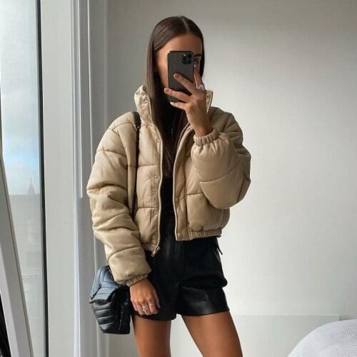 Ardm Za Vintage Pu Coat Women Jacket 2020 Casual Autumn Winter With Pockets Female Waist Elastic Cotton Coat Women Cropped Tops