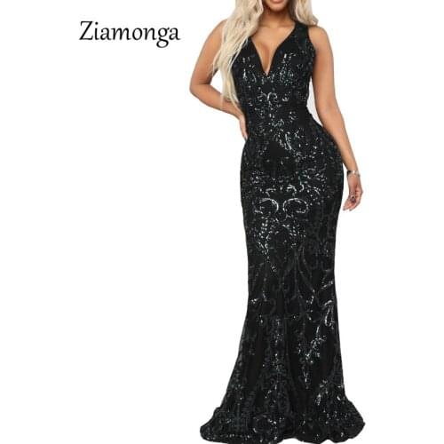 Ziamonga Long Sexy Dress Women Sleeveless Party Maxi Evening Night Sequin Dresses Floor Length Clubwear 2019 Mermaid Vestidos