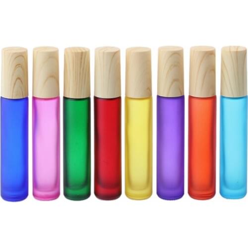1000pcs/lot Wood grain cover cap Essential Oil bottle 10ml Matte glass Roller Ball Bottles with metal roller