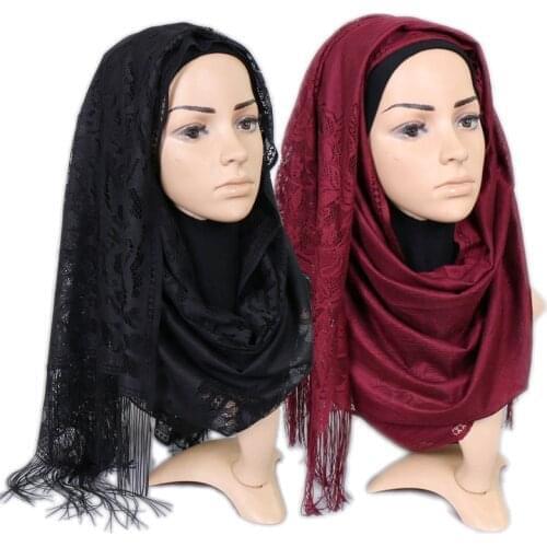 170*65cm Fashion Tassel Hollow Flowers Lace Hijab Scarf Solid Color Islam Shawls and Wraps Women Headscarf hijab femme musulman