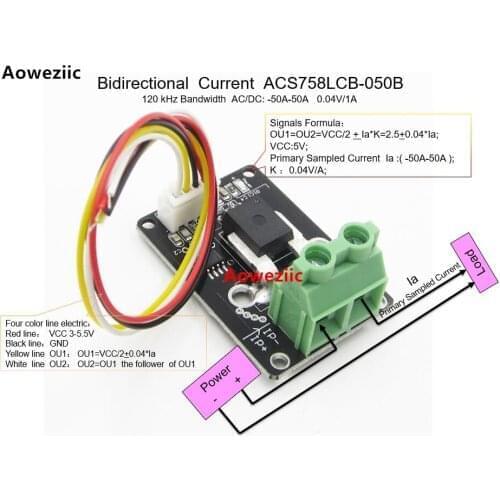 Aoweziic Bidirectional DC Current Sensor module ACS758LCB-050B ACS758LCB-050 ACS758 120 kHz Bandwidth DC: -50-50A 0.04V/1A