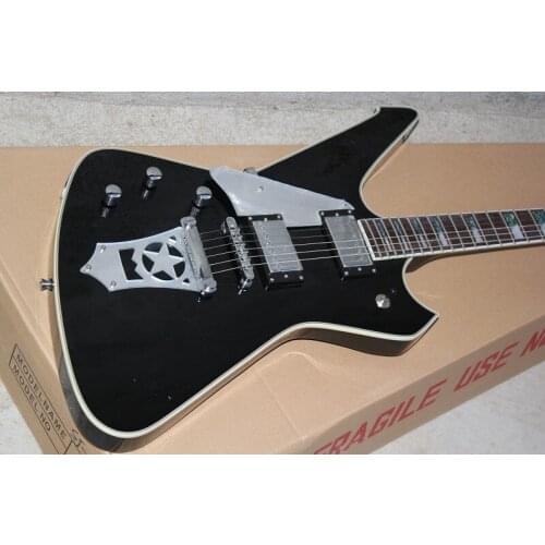 Irregular 6 strings guitar,left hand black guitar ,mirror pickguard,shell inlay,white binding