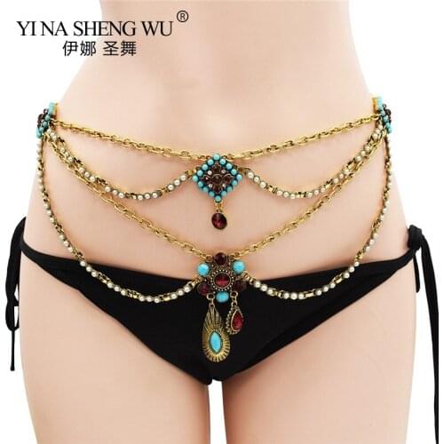 Bohemian Ethnic Style Resin Bead Belt Belly Dance Waist Chain Egypt Inlay Crystal Pearls Belly Sexy Body Chains Waist Jewelry