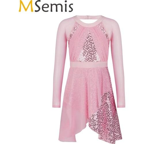 Kids Girls Dancewear Long Sleeve Shiny Sequins Tulle Irregular Figure Skating Dress Gymnastics Leotards Ballet Dance Costume