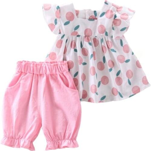 Kids Casual Flare Sleeve Fruit Print T-shirt Tops+Shorts Girls Suits Children Costume Set Summer Baby Girls Clothes Set