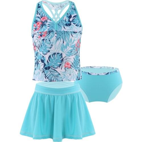 Children Summer Swimsuit Sleeveless Spaghetti Straps Top with Briefs and Skirt 3Pcs Set Girl Beach Bikini Swimwear Bathing Suits