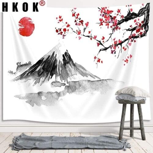 HKOK Cherry Blossoms Mount Fuji Tapestry Wall Hanging Fabric Mural Background Cloth Wall Towel Beach Blanket Dorm Home Decor