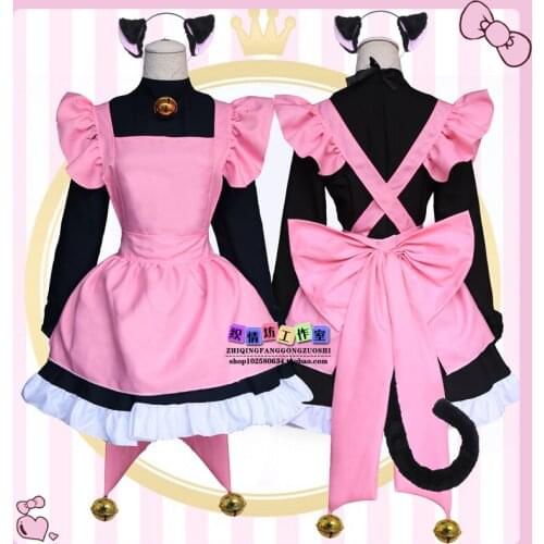 Anime CardCaptor SAKURA COSPLAY KINOMOTO SAKURA COS Halloween Maid Lolita Costumes Ear+ Tail+Dress+Bell+Bow Apron+Neckwear