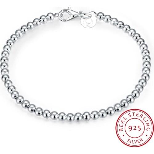 LEKANI 100% 925 Solid Real Sterling Silver Fashion 4mm Beads Chain Bracelet 20cm For Teen Girls Lady Gift Women Fine Jewelry