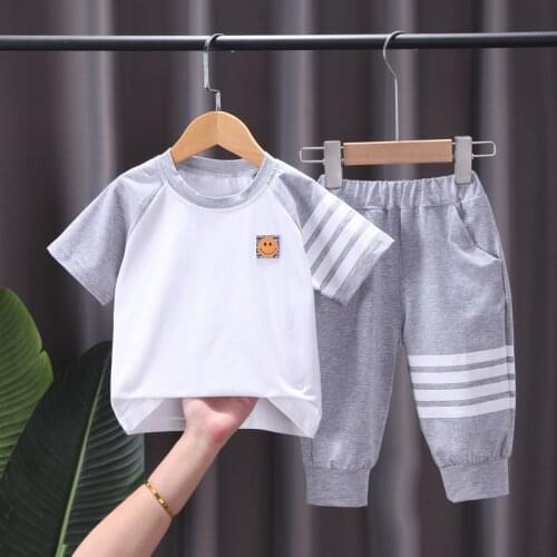 Summer Kids 2021 Sportswear Smiley Face Print Striped T-shirt+ Pants for Toddler Boys Girls Clothing Newborn Outfits 0-5 Years