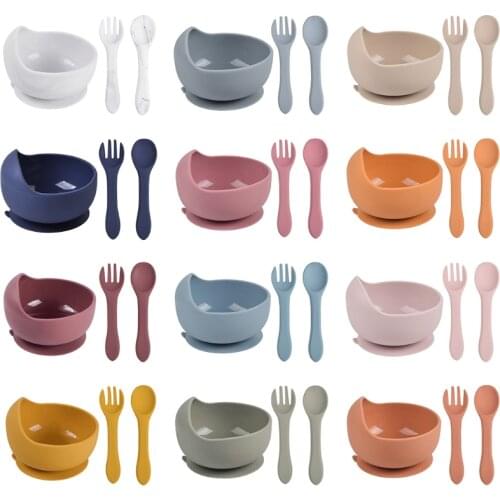 3 Pcs Baby Training Feeding Food Bowl Spoon Fork Set Anti Slip Silicone Suction Dishes Utensil BPA-Free Tableware for Toddlers