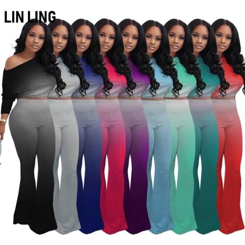 Fashionable Sexy Slant Shoulder Gradient High Waist Full Sleeve T-shirt + Slim Solid Elastic Flared Pants Two Piece Suits