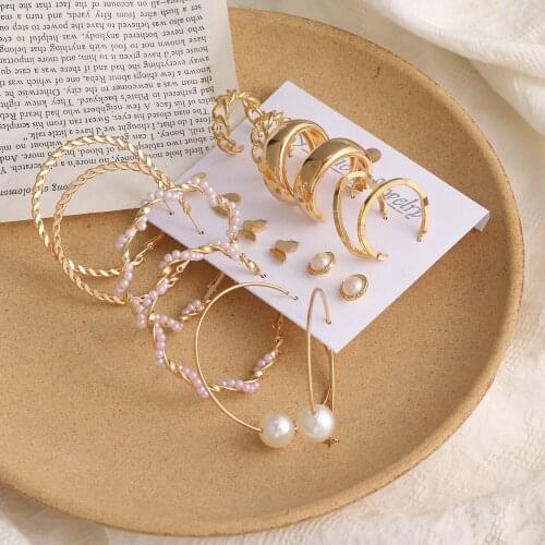 LATS 9PCS Earrings Set Vintage Pearl Hoop Earrings for Women Retro Golden Geometric Big Drop Earring 2021 New Fashion Jewelry