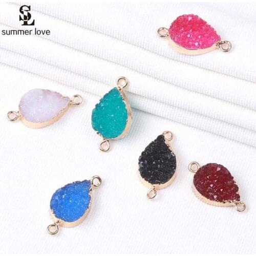 Wholesale 10pcs/lot Druzy Connector Charms for Diy Jewelry Making 2020 New Gold Color 2 Hole Teardrop Pendant Charm Fit Bracelet