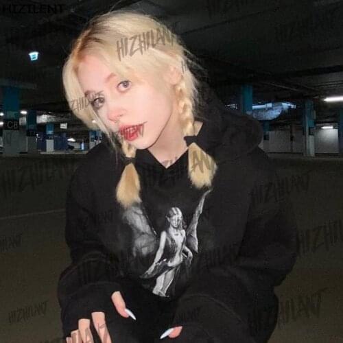 Autumn Men Women Streetwear Goth Angel print Oversized Black Y2K Tops Hoodies Kawaii Hip-hop Grunge clothing Hooded Sweatshirts