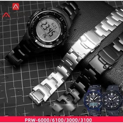 16mm Solid Stainless Steel Strap for Casio PROTREK PRW-3000 3100 6000 6100 Folding Buckle Men Sport Replacement Watch Band