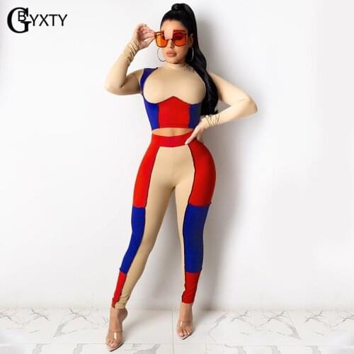 GBYXTY Sport Gym Tracksuit Women Panelled Patchwork Sweatsuit Long Sleeve Crop Top and Leggings Two Piece Set Outfit ZL1089