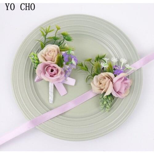 YO CHO Artificial Flowers Groom Boutonniere Man Bride Girl Wrist Corsage Sister Brother Wedding Flowers Party Rose Decoration