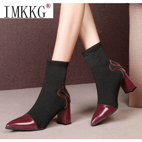 Womens Shoes Autumn 2021 Thick Heel Sock Boots Thin New Pointed Toe Ankle Boots All-match High-heeled Stretch Black Boots