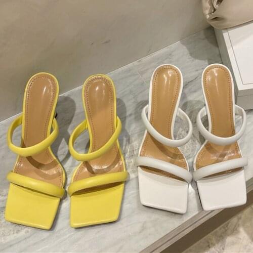 Big Size 2021 Women Slippers Fashion Open Square Toe Ladies Heel Slides Casual Thin High Heel Sandals Slippers Pumps Shoes