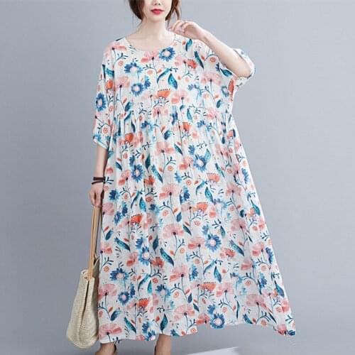 Plus Size 5XL 100kg Wear Women Dress Soft Cotton Linen Holiday Beach Casual Dress Print Floral Short Sleeve Loose Summer Dress