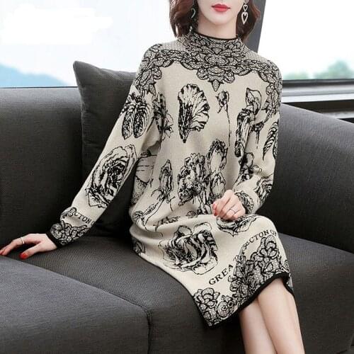 Women Winter Floral Weater Dress Turtleneck Long Sleeve Elegant Knitted Dresses Vintage Autumn Lady Loose Casual Dress A-Line