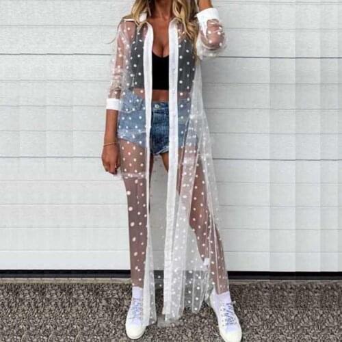 2021 See-Through Beach Cover Up Kimono Dot Print Net Yarn Holiday Bikini Outing Boho Loose Long Cardigan White Black Cover Up