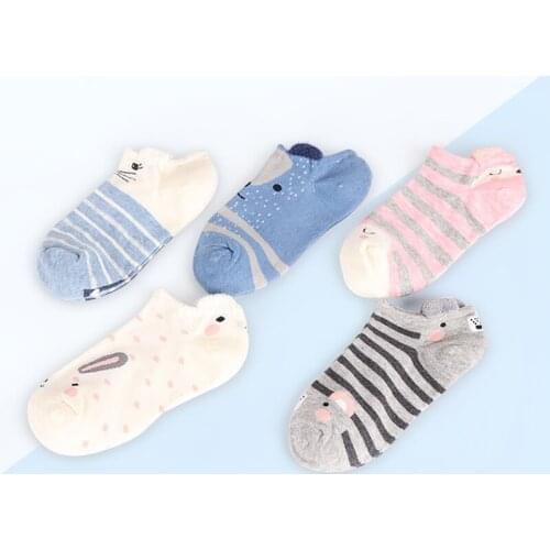 5 Pairs Cute Animal Cotton Women Socks Female Kawaii Cat With Dog Summer Short Socks Slippers Women Casual Soft Funny Boat Socks
