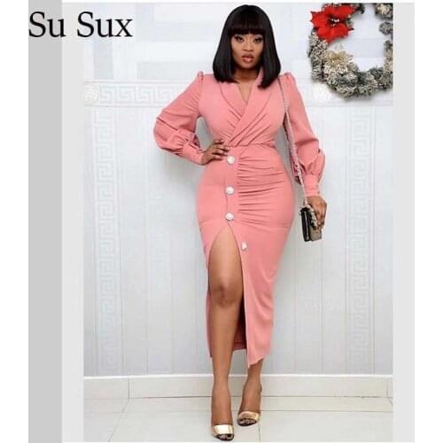 Elegant Office Lady Dress African Dresses For Women Solid Pink Long Sleeve Turn-0down Collar Button Long Dress 2020 Vestidos