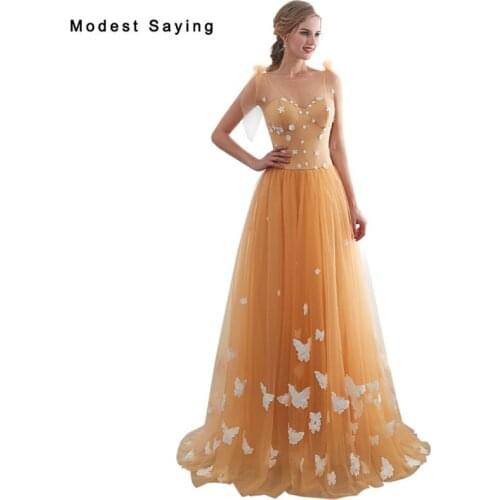 Elegant Gold Lace Butterfly Evening Dresses 2019 with Lace Up Bodice Formal Women Engagement Party Prom Gowns robe de mariee