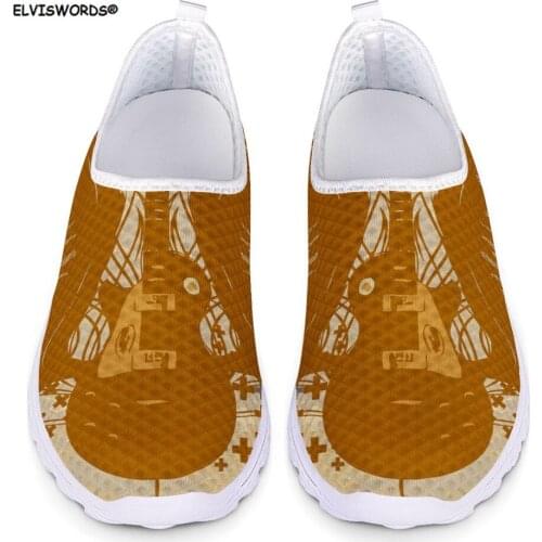 ELVISWORDS Guitar Pattern Flats Womens Sneakers Light Mesh Walking Female Slip on Shoes Casual Soft Breathable Girls Shoes 2020
