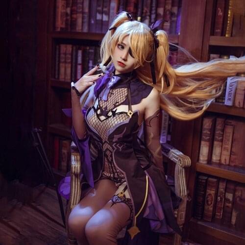 Genshin Impact Project cos Fischl anime woman cosplay costume set Dress + neck decoration + bowknot + gloves + eye mask + crown
