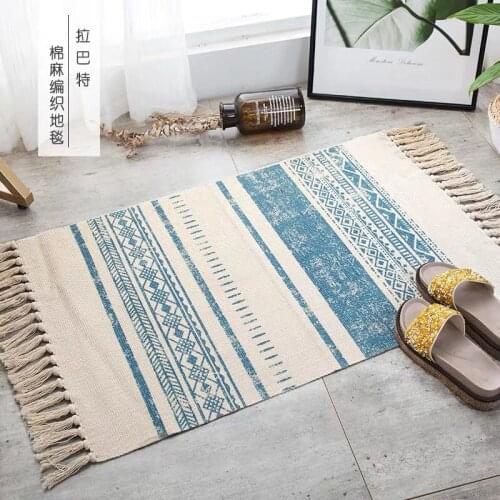 Retro Bohemian Carpet Hand Woven Cotton Linen Carpet Rug Bedside Rug Geometric Floor Mat Living Room Bedroom Carpet Home Decor