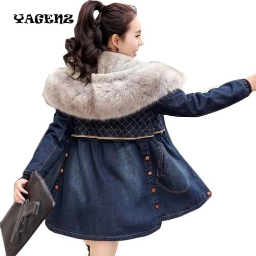 Winter hot sale New mid-Long section thickened denim coat loose cotton jacket female hooded fur collar jacket