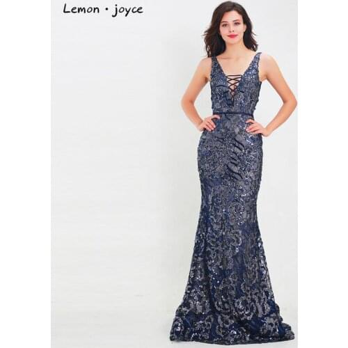 Lemon joyce Formal Evening Dresses Long 2020 New Arrival Sexy Backless V-neck Mermaid Party Gowns robe de soiree